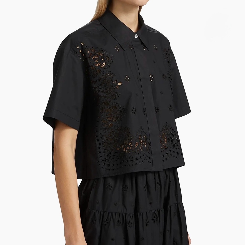 A.L.C Jade Black Cotton Eyelet Embroidered Short Sleeves Blouse Top size L - Picture 13 of 14